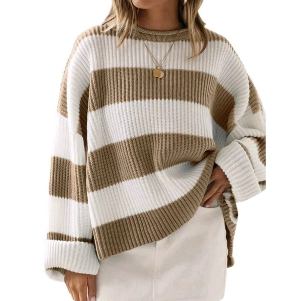 Zesica Womens Tan White Striped‎ Oversized Knit Sweater Size XL NWT